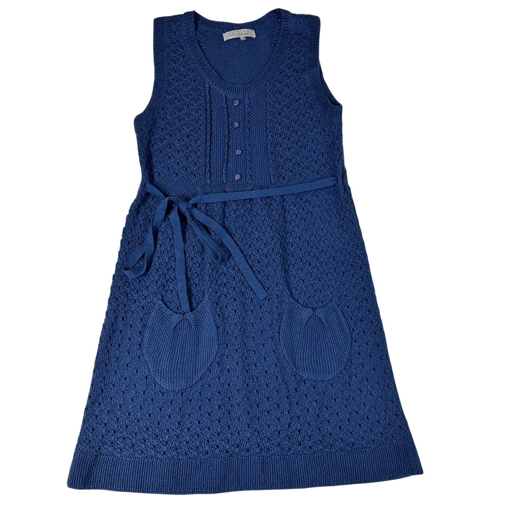 Catwalk Studio Blue Knit Pointelle Sleeveless Dress Button Front Pocketed Mini